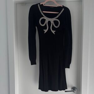 Miss Selfridge Black Long Sleeve Dress with White Bow Detail